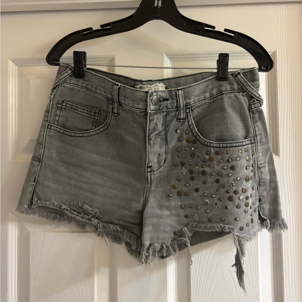 Free People Gray Studded Denim Cutoff Shorts